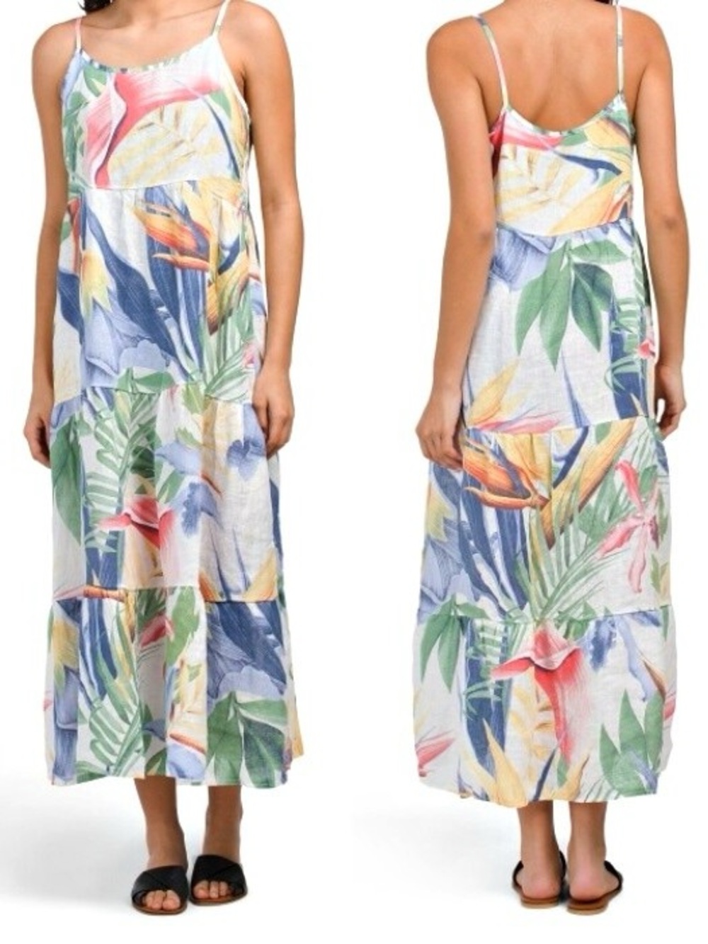 Elena Baldi 100% Linen Tropical Tiered Maxi Dress